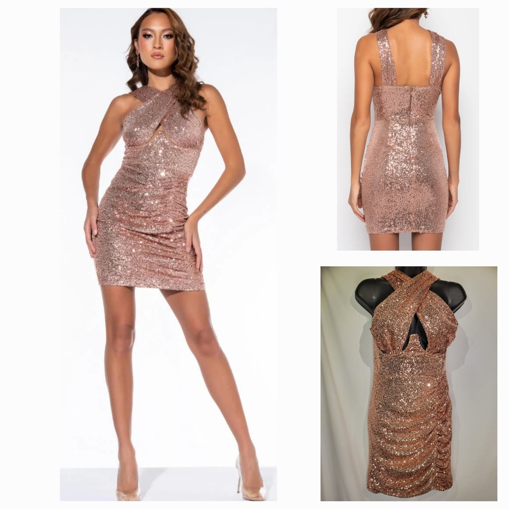 NWT AKIRA Rose Gold Sequin Bodycon Mini Dress Sleeveless Halter Neckline - Med